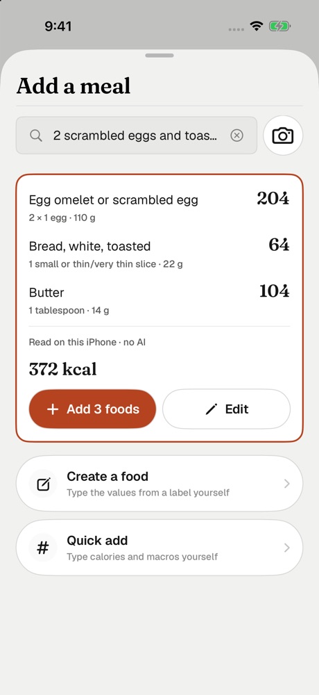 A typed food list turned into an editable draft meal in Sorati