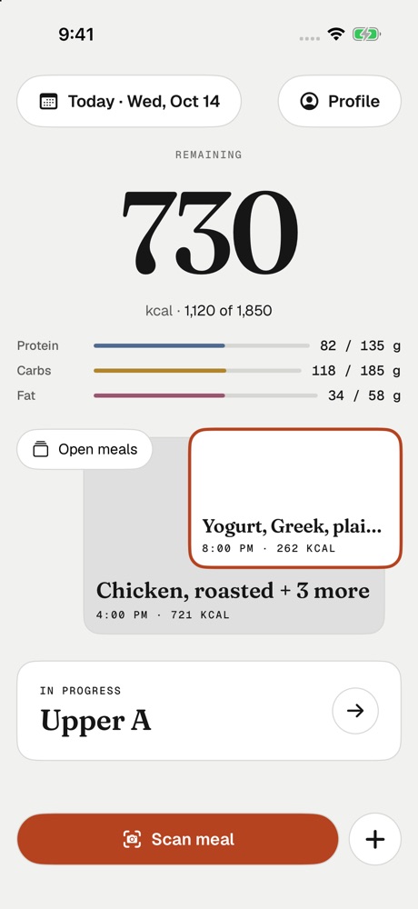 Sorati Today: 730 kcal remaining, macro bars, a pile of meal prints and an in-progress workout