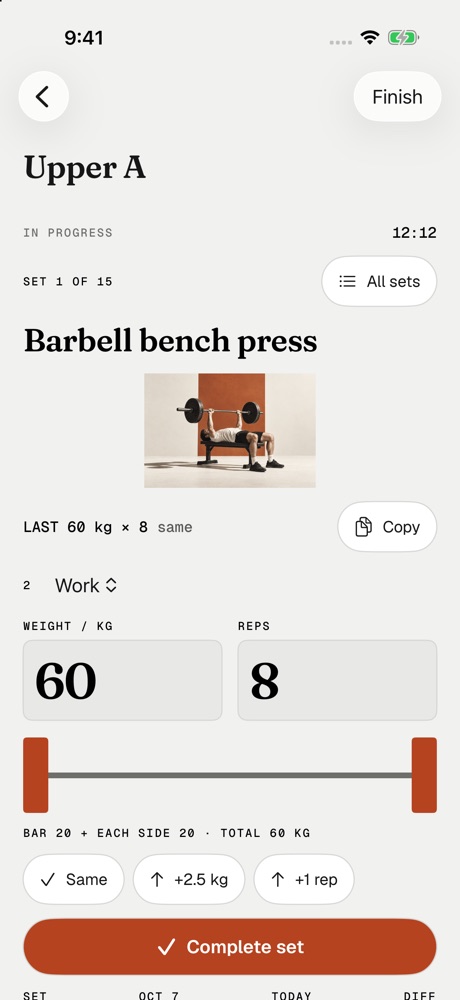 Sorati workout logger with the current set, last session's numbers and bar-loading help